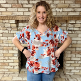Blue Floral V-Neck Ruffle Short Sleeve Blouse