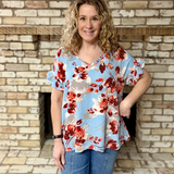 Blue Floral V-Neck Ruffle Short Sleeve Blouse