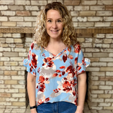 Blue Floral V-Neck Ruffle Short Sleeve Blouse