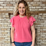 Coral Pink Ruffle Sleeve Ruffle Neck Textured Crinkle Top