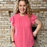 Coral Pink Ruffle Sleeve Ruffle Neck Textured Crinkle Top