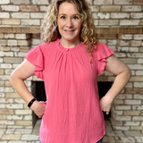 Coral Pink Ruffle Sleeve Ruffle Neck Textured Crinkle Top