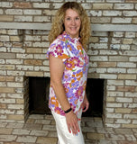 Retro Floral Ruffle Neck Cap Sleeve Top – Purple, Orange & Pink