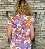 Retro Floral Ruffle Neck Cap Sleeve Top – Purple, Orange & Pink