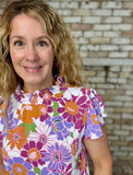 Retro Floral Ruffle Neck Cap Sleeve Top – Purple, Orange & Pink