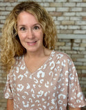 Taupe & White Leopard V-Neck Relaxed Fit Knit Top