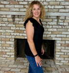 Black Ruffle Shoulder Textured Knit Sleeveless Top