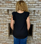 Black Ruffle Shoulder Textured Knit Sleeveless Top