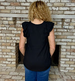 Black Ruffle Shoulder Textured Knit Sleeveless Top