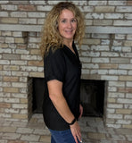 Black Eyelet Button Front Notch Neck Top