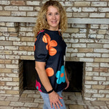 Black Retro Bold Floral Puff Sleeve Top