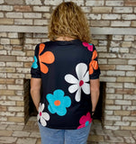 Black Retro Bold Floral Puff Sleeve Top