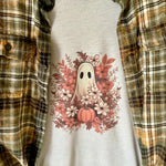 Boho Ghost & Blooms Fall Graphic T-Shirt and Bleached Dyed Flannel Set