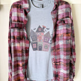 Patchwork Haunted House Graphic T-Shirt and Bleached Dyed Flannel Set