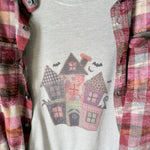 Patchwork Haunted House Graphic T-Shirt and Bleached Dyed Flannel Set