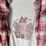 Patchwork Haunted House Graphic T-Shirt and Bleached Dyed Flannel Set