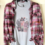Patchwork Haunted House Graphic T-Shirt and Bleached Dyed Flannel Set