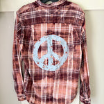 Peace Sign Hand Bleach Dyed Burgundy Flannel Relaxed Fit Soft & Warm