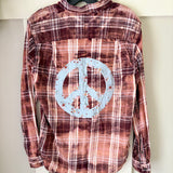 Peace Sign Hand Bleach Dyed Burgundy Flannel Relaxed Fit Soft & Warm
