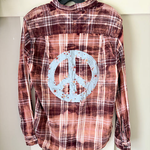 Peace Sign Hand Bleach Dyed Burgundy Flannel Relaxed Fit Soft & Warm
