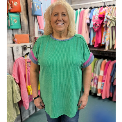 Kelly Green Ribbed Knit Short Sleeve Plus Size Top