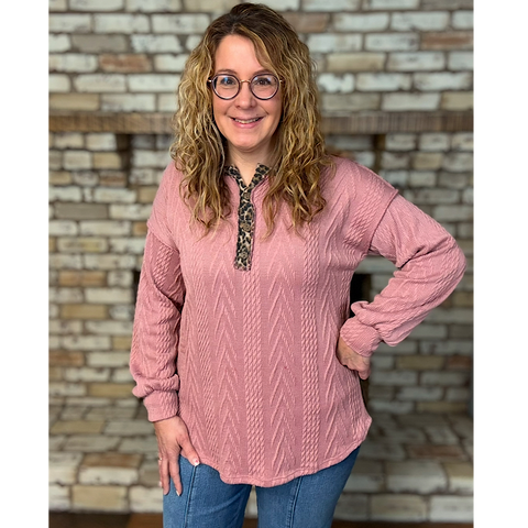Leopard Accent Pink Textured Sweater Knit Long Sleeve Top