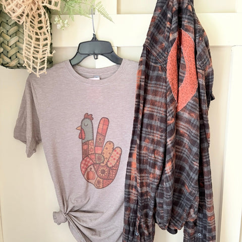 Patchwork Turkey Peace  Graphic T-Shirt and Bleached Dyed Flannel Set