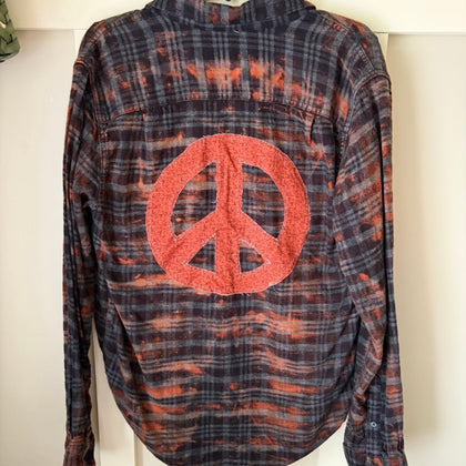 Peace Sign Hand Bleach Dyed Black/Rust Flannel Relaxed Fit Soft & Warm