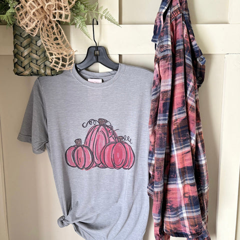 Pink Pumpkins Fall T-Shirt & Bleached Dyed Flannel Set