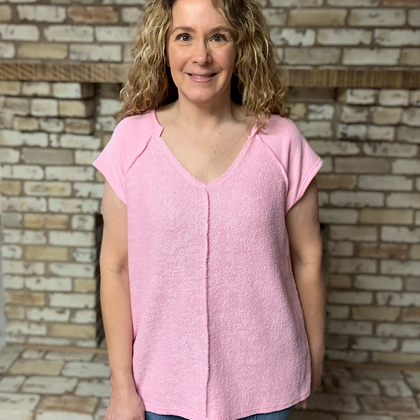 Pink Textured Knit Reverse Stitch Accent V-Neck Top