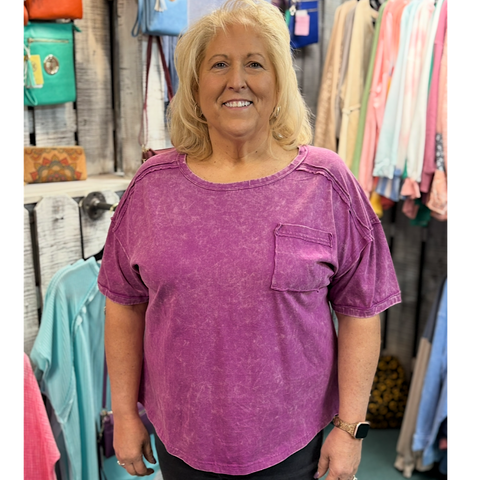 Purple Vintage Washed Knit Pocket Accent Plus Size Top