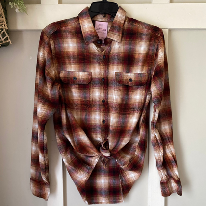 Hand Bleach Dyed Red & Tan Plaid Flannel Relaxed Fit Soft & Warm