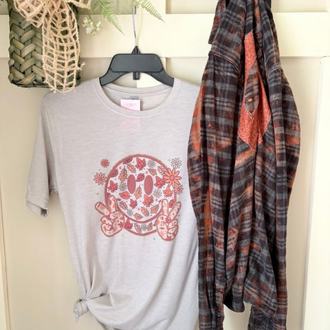 Retro Fall Smile Peace Graphic T-Shirt and Bleached Dyed Flannel Set