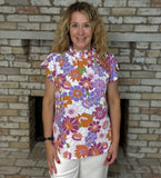 Retro Floral Ruffle Neck Cap Sleeve Top – Purple, Orange & Pink