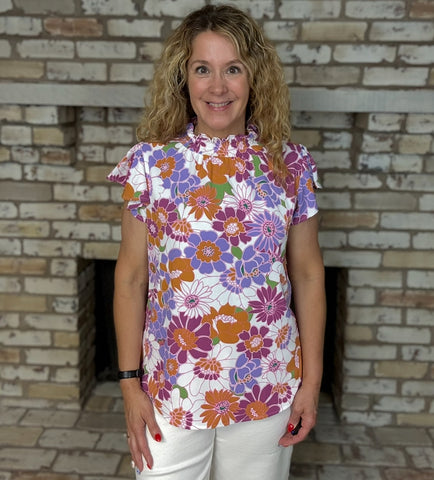 Retro Floral Ruffle Neck Cap Sleeve Top – Purple, Orange & Pink