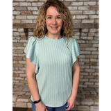 Sage Green Textured Knit Flutter Short Sleeve Top
