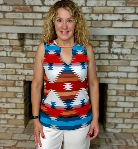 Southwest Aztec Keyhole Neckline Sleeveless Tank Top