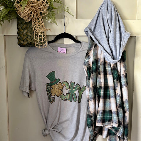 St Patrick Lucky Hat Graphic T-Shirt & Hooded Flannel Shacket Set