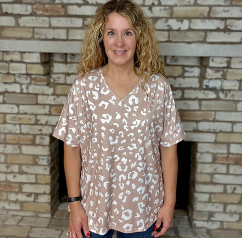 Taupe & White Leopard V-Neck Relaxed Fit Knit Top