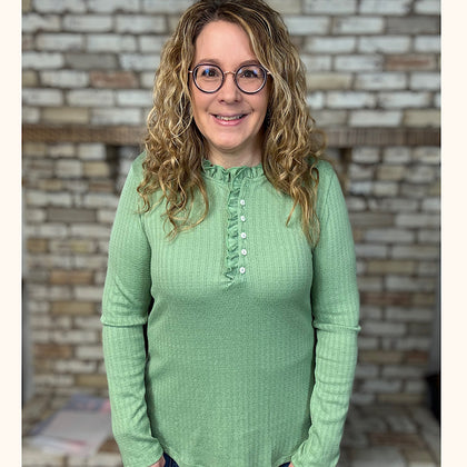 Textured Knit Avocado Green Ruffle Neck Accent Long Sleeve Top