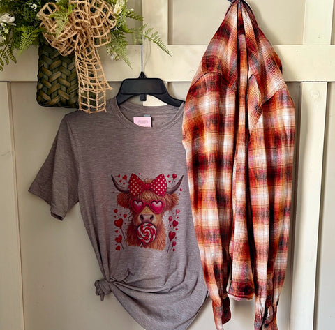 Valentine Highland Cow Graphic T-Shirt & Bleach Dyed Flannel Set