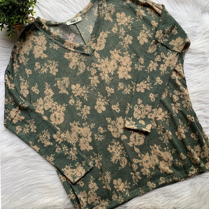 Green Floral Accent Long Sleeve Top