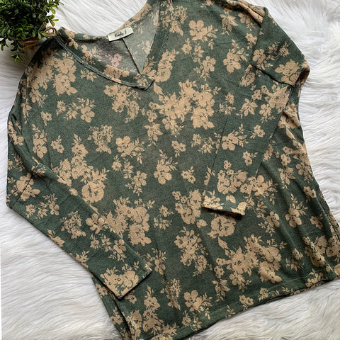 Green Floral Accent Long Sleeve Top
