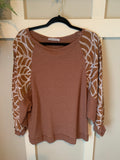 Brown Waffle Knit Leaf Pattern Dolman Sleeve Top