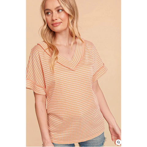 Orange Striped Waffle Knit Plus Size Top