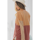 Mustard Thermal & Striped Sleeve Color Block V-Neck Top