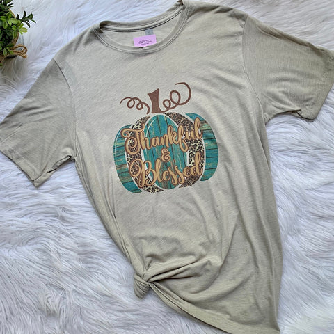 Thankful Blessed Turquoise Pumpkin Graphic T-Shirt