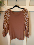 Brown Waffle Knit Leaf Pattern Dolman Sleeve Top