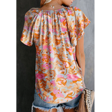 Blue Pink & Orange Floral Flutter Sleeve Blouse