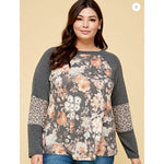 Gray Floral Animal Accent Raglan Plus Size Top